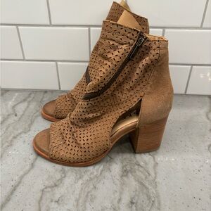 Brown Woven Leather Ankle Booties with Block Heel